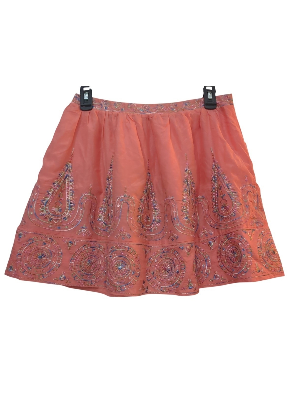 Boho Coral THEME Embroidered Silk Blend Mini Skirt Size S Coastal Cowgirl Y2K